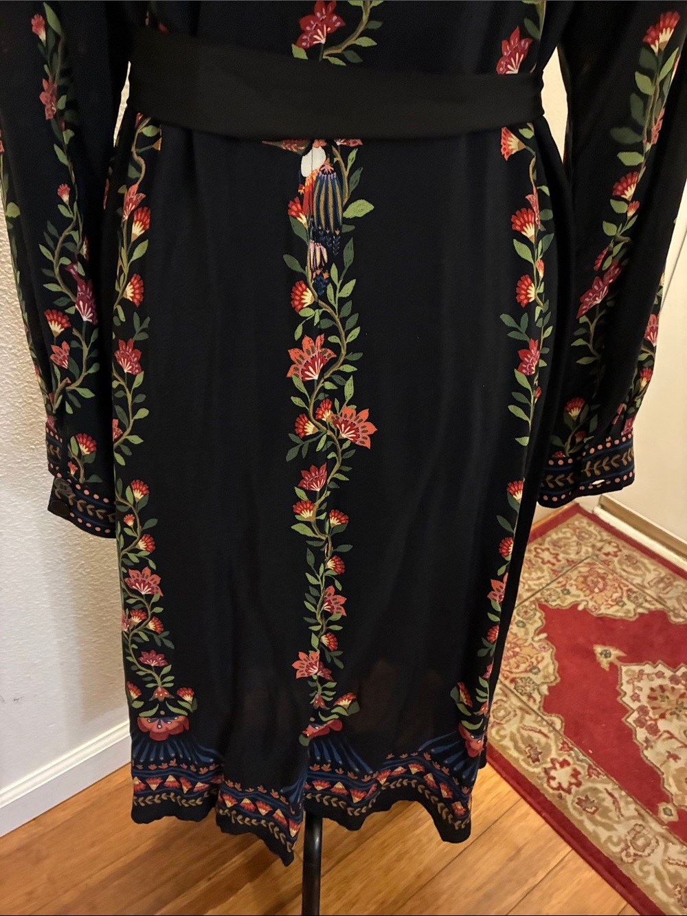 FARM Rio NWT Large Toucan Garden Black Button Front Midi Dress w/Tie & Pockets - Picture 15 of 16